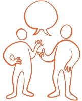 Illustration av kommunikation. Två figurer pratar med gemensam pratbubbla.