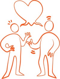 En illustration av två figurer som står och pratar engagerat med varandra.