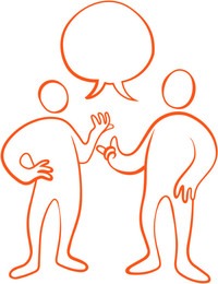 Illustration med två gubbar som har en gemensam pratbubbla ovanför sig.