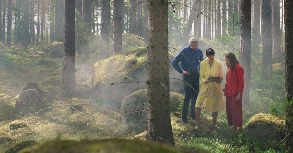 Tre personer som tittar p&aring; en karta i en gles skog med dimma.