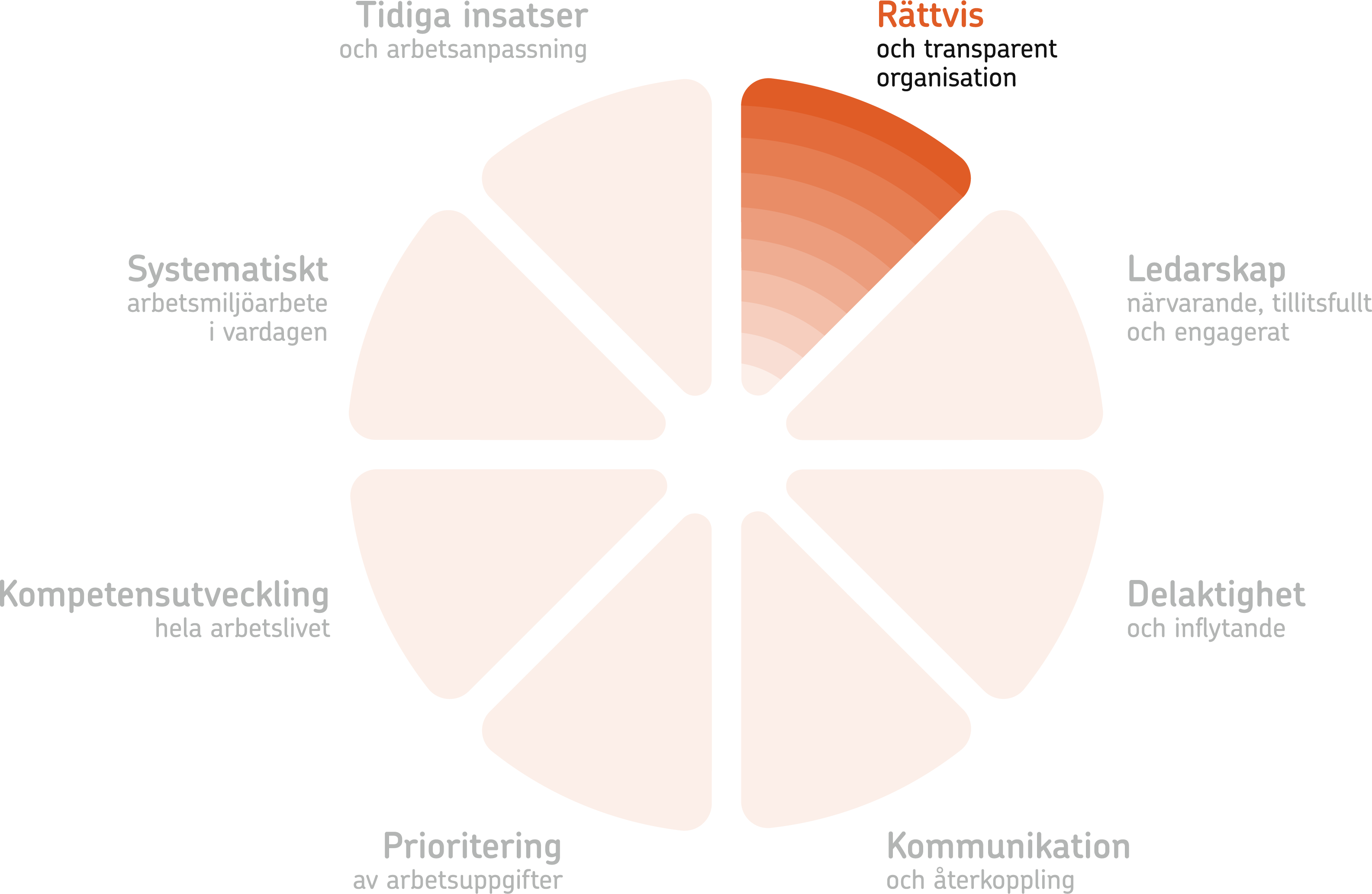Illustration av friskfaktorhjulet med fokus p&aring; R&auml;ttvis och transparen organisation.