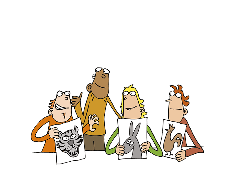 Illustration av fyra personer, tre h&aring;ller teckningar av djur i sina h&auml;nder.