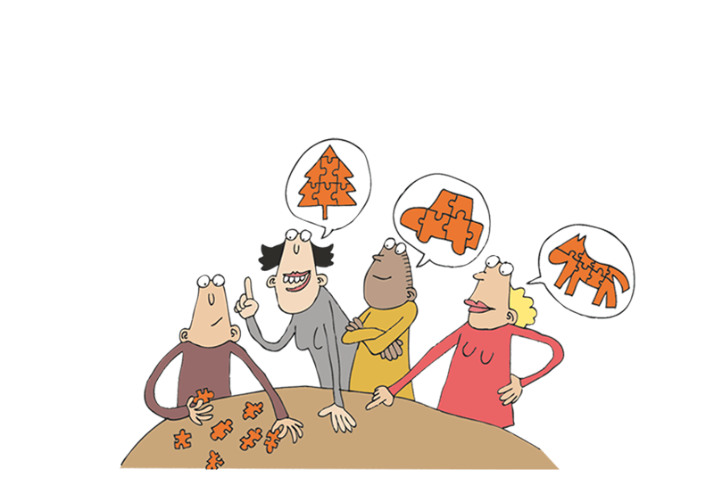 Illustration av fyra personer som l&auml;gger pussel.