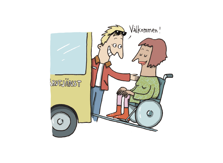 Illustration av person som hj&auml;lper rullstolsburen in i f&auml;rdtj&auml;nstbuss.