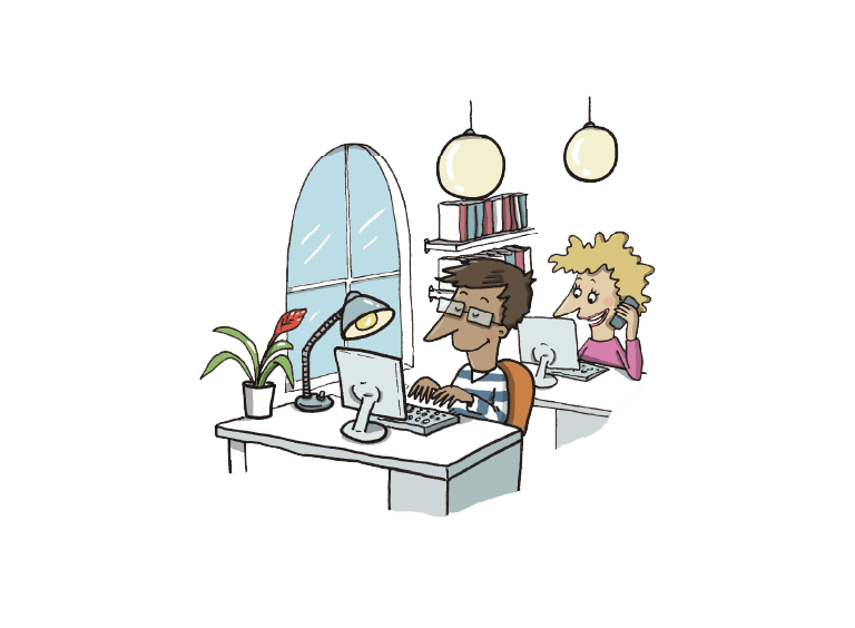 Illustration av tv&aring; personer som sitter framf&ouml;r datorer vid skrivbord.
