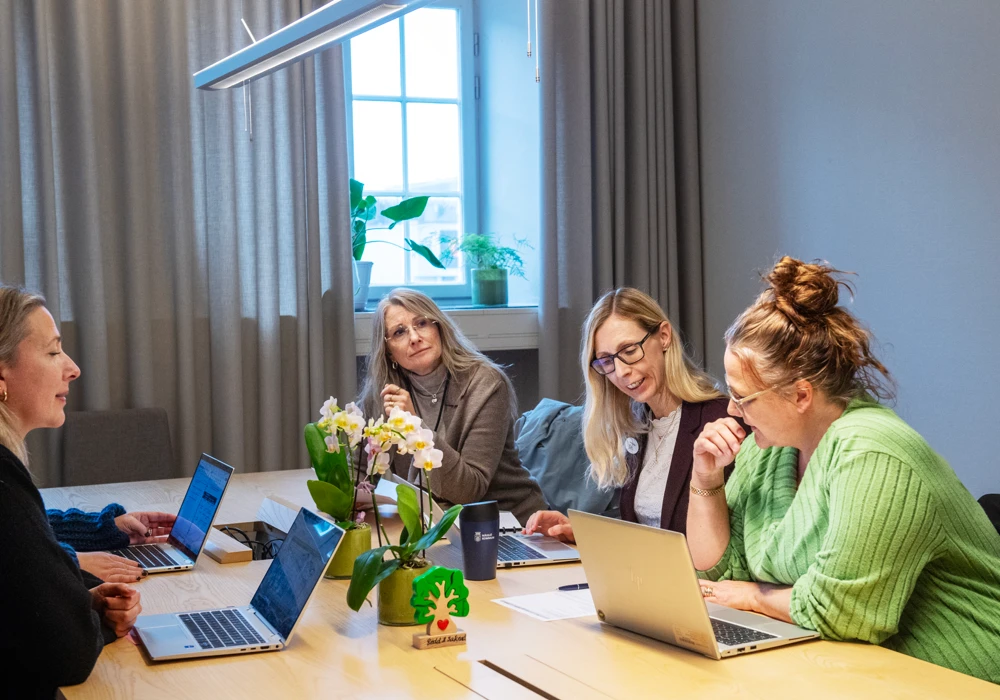 En grupp kvinnor sitter runt ett bord och arbetar med b&auml;rbara datorer, tema chefers arbetsmilj&ouml;.