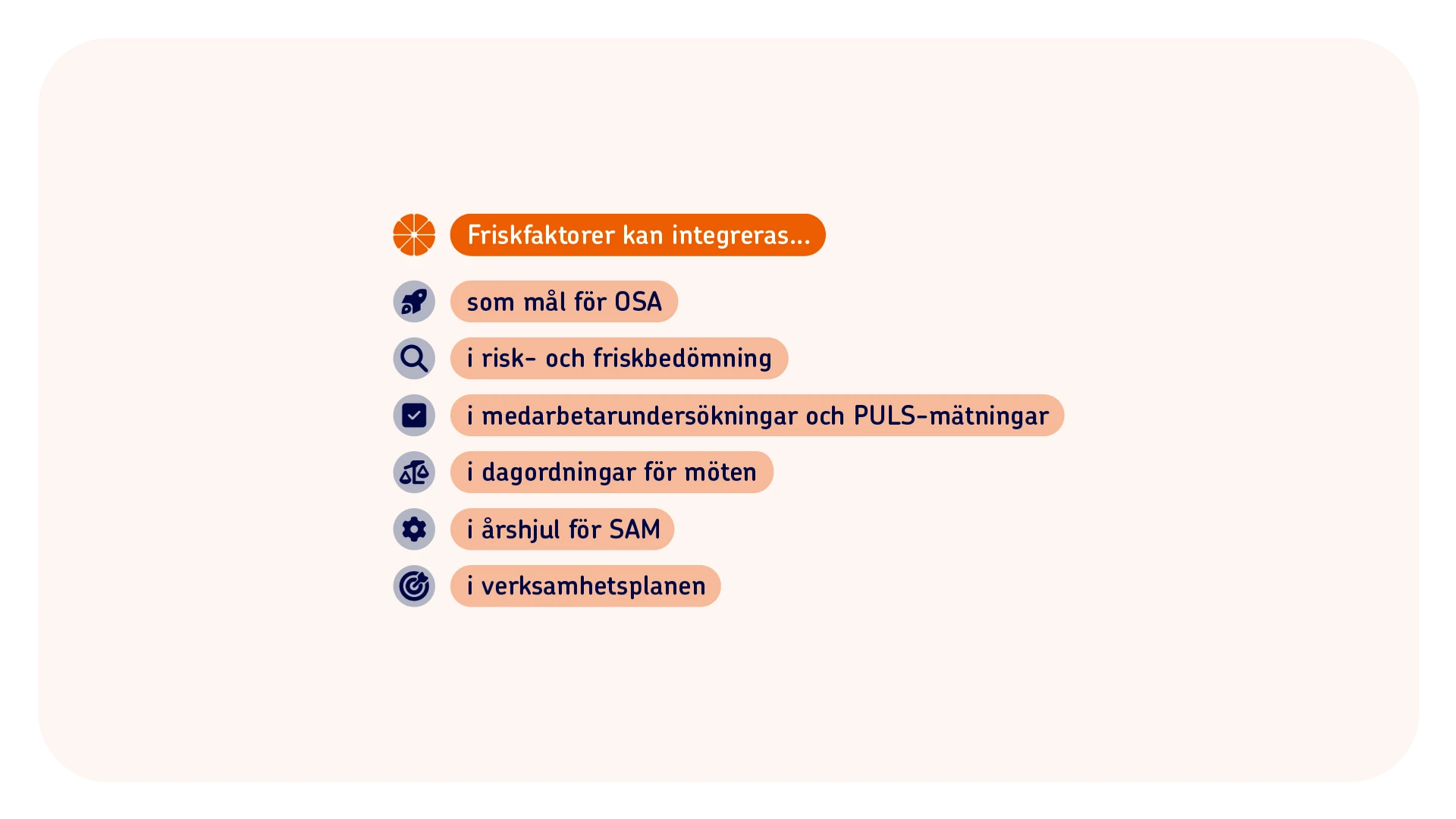 En lista som visar var friskfaktorerna kan integreras. Till exempel som m&aring;l f&ouml;r OSA, i riskbed&ouml;mningar, i verksamhetsplanen och i &aring;rshjulet f&ouml;r SAM.