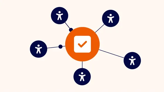 En illustration av en grupp m&auml;nniskor i en cirkel runt en cirkel med checkbox i.